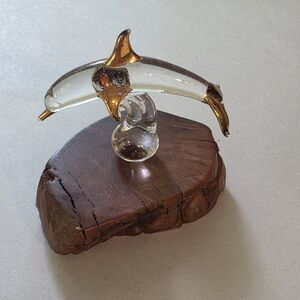 Vintage Blown Glass Baron 22k Gold Trim Dolphin Burl Wood Figurine Collectible
